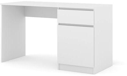 Homlando Schreibtisch, Computertisch 130 cm Arbeitstisch mit Schubladen und Tür Modernes Design Bürotisch für Home Office und Jugendzimmer Grifflos, Laminierte Platte, Maja-Linie (Weiß Matt)