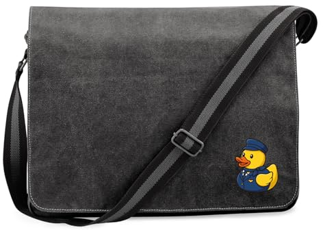 Huuraa Umhängetasche Quietscheente Stewardess Gummiente Flugbegleiterin 14 Liter Black Canvas Laptoptasche Geschenkidee
