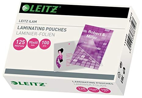 Leitz Heißlaminierfolien 125 mic 65 x 95 mm, zum Laminieren von Karten und Ausweisen, Hochwertige Laminierfolien im 100er Pack, Glänzend, Transparent, 33812