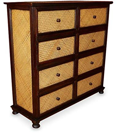 livasia Asiatischer Schrank aus Massivholz und Rattan – 110x40x110cm – Handgeschnitzte Kommode aus nachhaltigem Akazienholz mit Blumenornamenten, Asiatische Eleganz für Zuhause