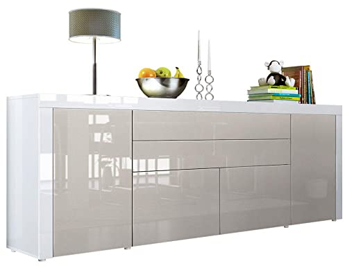 Vladon Sideboard La Paz V2, Made in Germany, Kommode mit 2 Türen, 2 Schubkästen und 2 Klappen, Weiß Hochglanz/Sandgrau Hochglanz/Weiß Hochglanz (200 x 72 x 35 cm)
