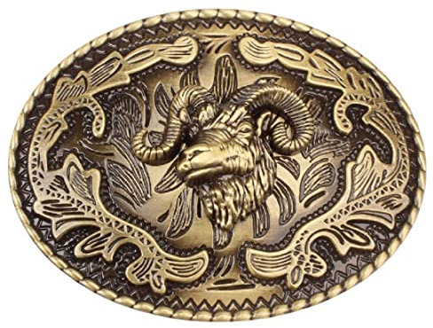 Ziegengürtelschnalle für Herren, Gürtelschnalle mit Schafskopf der nordischen Wikinger-Ziege, ovale Gürtelschnalle mit goldenem Ziegenschädel, Western Cowboy-Gürtelschnalle, gold, NO
