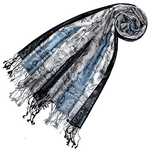 Lorenzo Cana Damen Pashmina Schal Schaltuch gewebt 100% Seide 70 x 190 cm Paisley Seidenschal Seidentuch Blau Grau 7805233