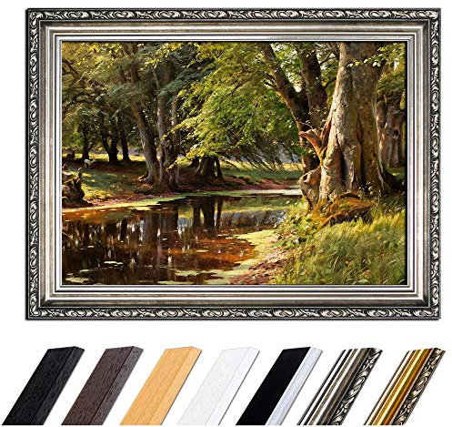 Bilderdepot24 Bild mit Rahmen - Peder Mork Mönsted Waldlandschaft 50x40 cm - Gerahmtes Leinwandbild Alte Meister - Antiker Rahmen Silber Barock, Klassisch