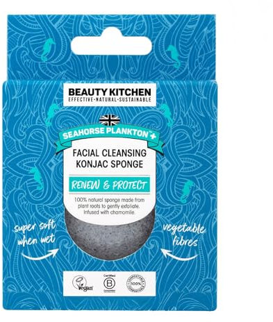 Beauty Kitchen - Seahorse Plankton + Facial Cleansing Konjac Sponge - Sustainable Gentle Exfoliator - Calms Redness & Unclogs Pores - Vegan/Cruelty Free