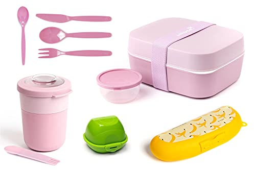 Harfield Tableware Lunch Box Set Pink 10 Pieces Small Cutlery Banana Apple Case On The Go 2 Compartment Bowl & Spork