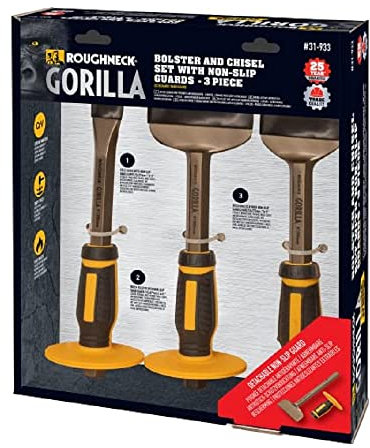 Roughneck Gorilla ROU31933 Bolster and Chisel Set with Non-Slip Guards - 3 Piece, Black Yellow