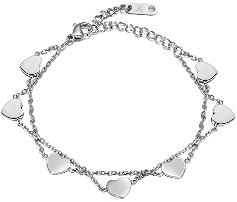 Kim Johanson Edelstahl Damen Fußkettchen *Love* in Silber | Doppelte Fußkette mit 7 Herz Anhängern | Frauen Boho Schmuck | Wasserfest | Heart Fußband | Coins | Verstellbar inkl. Schmuckbeutel
