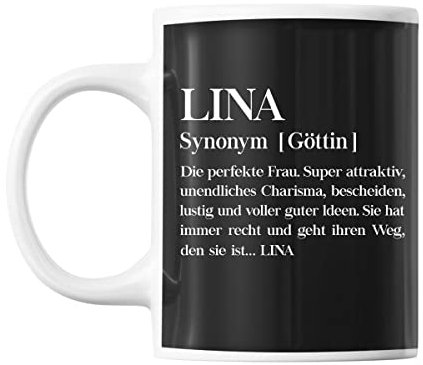 Tasse Vorname Lina Synonym Göttin | Tasse lustig Fun Tasse Geschenkideen fürs Büro zum Geburtstag Jubiläum Kaffeetasse Bürotasse