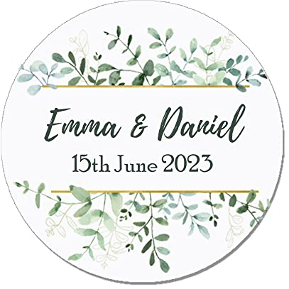 35 x Treasured Forever Personalised Wedding Floral Effect Favour Round Stickers (37mm) (Green & Gold)