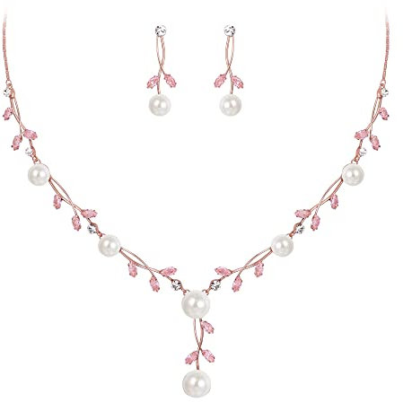 EVER FAITH Parures Femme Série Perle et Feuilles Cristal Tchèque Strass Collier Boucles d'oreilles Pendant Rose Clair Ton Rosé Or