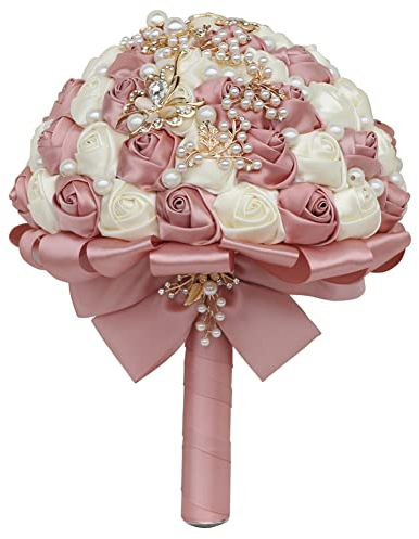 Sharebeauty 18,8 cm handgefertigter Satin-Rosenstrauß, rund, für Hochzeiten, Blumenstrauß, Überwurf, künstliche Blumenstrauß, Pastellrosa + Elfenbein