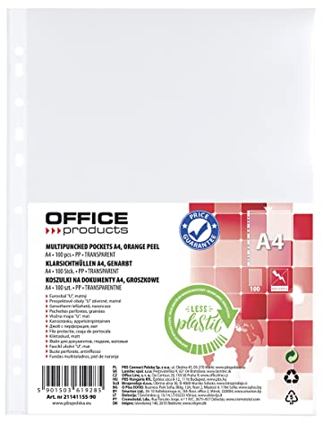 OFFICER PRODUCTS 100 cartelline portadocumenti, formato DIN A4, con apertura superiore a grana, trasparenti, in plastica perforata, per documenti e cartelle, in polipropilene trasparente