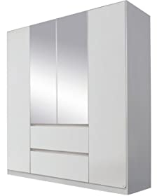 Rauch Möbel Mainz Schrank Kleiderschrank Drehtürenschrank Weiß 4-türig mit Spiegel, 2 Schubladen inkl. Zubehörpaket Basic 3 Einlegeböden, 3 Kleiderstangen, grifflos BxHxT 181x210x54 cm