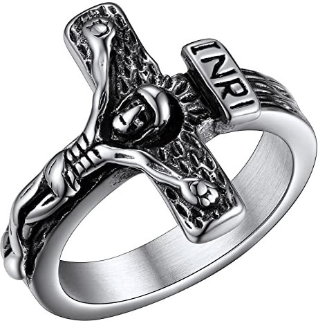 FaithHeart INRI Jesus Fingerring für Herren Jungen Edelstahl Kreuz Ring in Größe 59.5 für Geburtstag Weihnachten Valentinstag