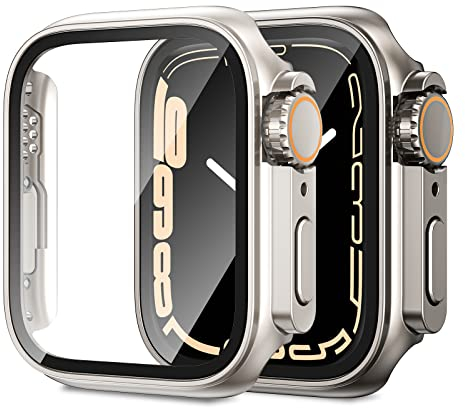 Neitra [2Pack] for Apple Watch Screen Protector Series 7 2021 & 8 2022 & 9 2023 45mm Accessories, Hard PC Case Built-in Tempered Glass Film Bumper Face Cover - Titanium Color + Starlight