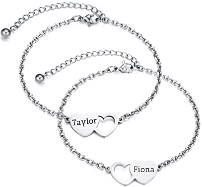 OTXIXTO Personalisierte 2/3/4 Stück Set von Edelstahl Herz Form Halskette/Armband Individuell Gravierte Namen Geschenk für Mutter Tochter Schwester Beste Freundin (2 Stück, Silber Armband)