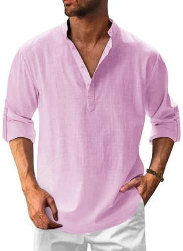 Onsoyours Hommes Chemises en Lin Solid Henley Shirts Casual Manches Longues été Mao Chemise de Plage Classique Décontractée Casual Regular Fit A Rose XL
