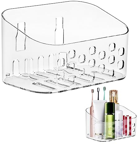 CYNNXIA Shower Caddy Small Shower Basket Plastic Bathroom Shelf Organiser Wall Mounted Shower Storage Rack Shelves Makeups Shampoo Holder No Drilling Adhesive Storage for Bathroom and Kitchen, Clear