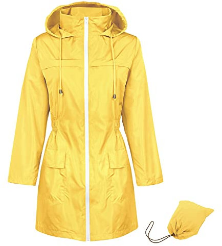 Durio Veste de pluie pour femme imperméable et respirante avec capuche, légère et pliable, veste d'extérieur avec cordon de serrage réglable, jaune, S
