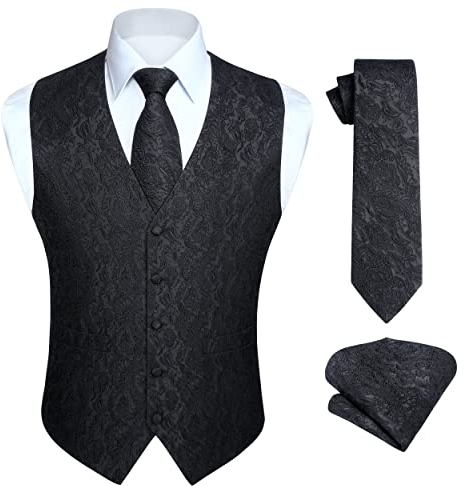 HISDERN Herren Paisley Weste Floral Jacquard Krawatte Einstecktuch Einstecktuch Hochzeitsfeier Business Fit Weste Anzug Set,L,Schwarz-N