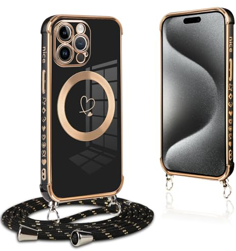Pnakqil Handykette für iPhone 15 Pro Hülle mit Band, Kompatibel mit MagSafe, Handyhülle Ultra Dünn Silikon Magnetisch mit Herz Love Muster Schutzhülle mit um Umhängen Kordel für iPhone 15Pro, Schwarz