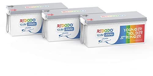 Redodo 12V 200Ah(3 Pack) LiFePO4 Batterie,Batterie Lithium Rechargeable Phosphate de Fer,BMS 100A Intégré,4000-15000 Cycles Profonds et 10 Ans de Durée de Vie,Parfait pour RV, Camping,Maison Solaire