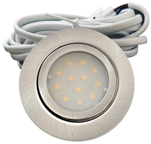 Rolux IP44 Möbel Einbauleuchte Leni 12V flach 6 x 2,4W LED-Einbaustrahler 55mm Lochausschnitt 200lm Edelstahl geb. inkl. LED Trafo, AMP Verteiler, 230V Zuleitung mit Schnurschalter 3000K Warmweiß