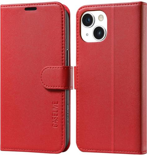 CASELIVE Wallet Case for iPhone 15 with Card Holder, Genuine Leather Case with [Screen Protector] [RFID Blocking][Shockproof TPU Inner Shell] Kickstand Foli Cover for iPhone 15 6.1''(Dark Red)