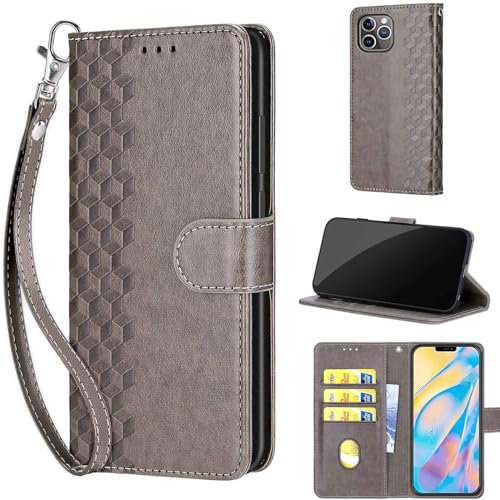 for iPhone 12 Pro Max Case 6.7”, Embossed Premium PU Leather Folio Flip Notebook Wallet Cover Compatible with iPhone 12 Pro Max Phone Case [Magnet Closure][Kickstand][Card Slots], Gray