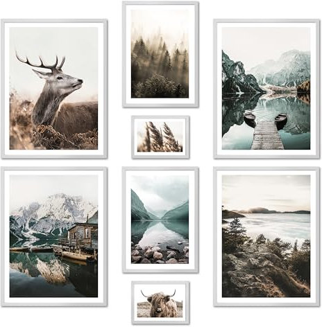 ARTFAVES® Poster Set - MYSTI RIVER - mehrteilige Wanddeko Wohnzimmer & Schlafzimmer - 8 moderne Wandbilder Pragser See, Wald, blau, braun, Berge, Hirsch, Dolomiten - mit Rahmen Weiss