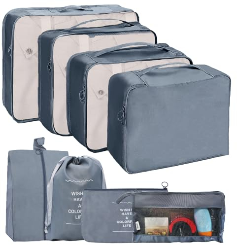 8 Teilige Packing Cubes, Koffer Organizer Set, Kleidertaschen für Urlaub und Reisen, Wasserdichte Packwürfel Set Reise Würfel, Travel Essentials, Travel Organizer(Grau)