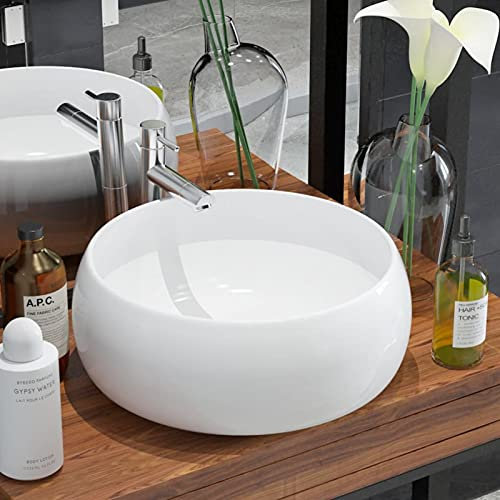 ZEYUAN Waschbecken Rund Keramik Weiß 40 x 15 cm, Aufsatzwaschbecken, Bathroom Sink, Waschtisch, Aufsatzbecken, Ablaufgarnitur - 142340