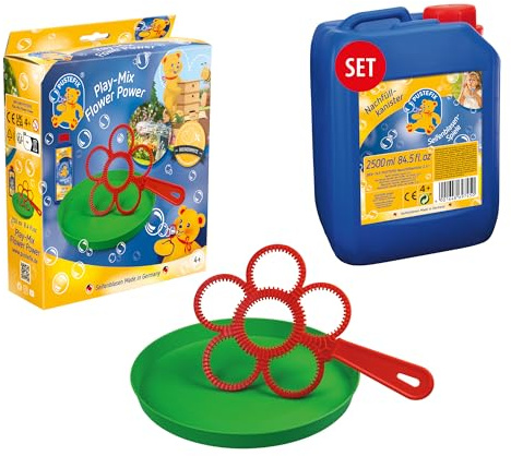 PUSTEFIX Blasring Set Flower Power I Seifenblasen Kinder Set mit Seifenblasen Flüssigkeit in 2,5 L Nachfüllflasche I Seifenblasenring in Blumenform