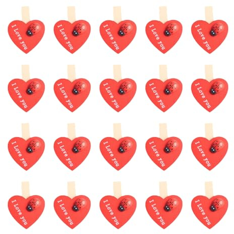Wisafory Lot de 100 petites pinces à linge en bois en forme de cœur rouge avec coccinelle - Pinces décoratives en bois - Pour mariage, photos, calendrier de l'Avent