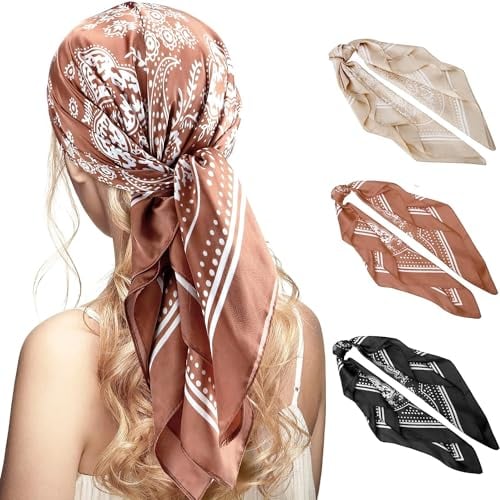 Generisch Kopftuch für Frauen, 3 Stück großes quadratisches Satin-Kopftuch Halstuch Satin-Kopftücher Seidengefühl Haarbandana Schal Boho-Kopfwickel Kopfbedeckung (Mehrfarbig-A)