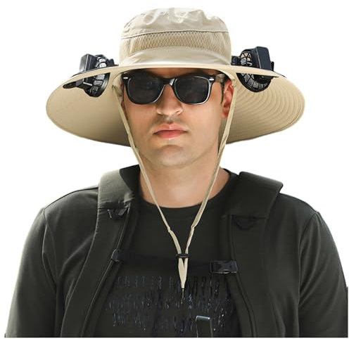 Outdoor Wide Brim Sun Hat with 2 Solar Fan,2024 Solar Fan Hat, Hat with Solar Fan for Outdoor Fishing Summer Camping Beach, Khaki