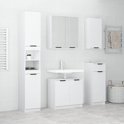 Willood 5-TLG. Badmöbel-Set Unterschrank Hängeschrank Wandschrank Badschrank Badezimmerschrank Spiegelschrank Badezimmermöbel Weiß Holzwerkstoff