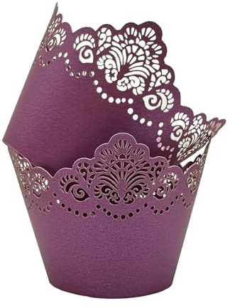 KOSTOO 50Pcs Cupcake Wrappers Hollowing Out Crown Bake Cake Paper Lace Laser Cut Liner Baking Cup Wraps Muffin for Wedding Party Birthday Decoration (Dark Purple)