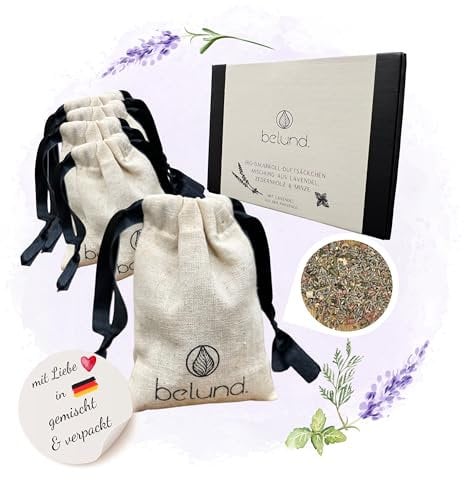 belund® Bio Baumwolle Lavendelsäckchen mit Zedernholz & Minze - Mottenschutz für Kleiderschrank – Große Duftsäckchen für Kleiderschrank - Lavendel getrocknet - Kleiderschrank Duft, Raumduft & Autoduft