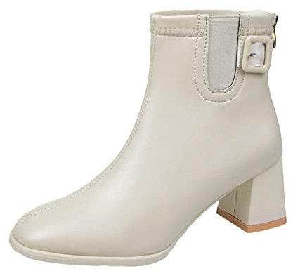 Generico Stivaletti Classe Donna Tronchetti Donna Bassi Stivaletti da Donna alla Autunno e Inverno Tacco Medio Caldo Punta Quadrata Cerniera Tinta Unita Comodo Stivaletti Bikers Donna (Beige, 40)