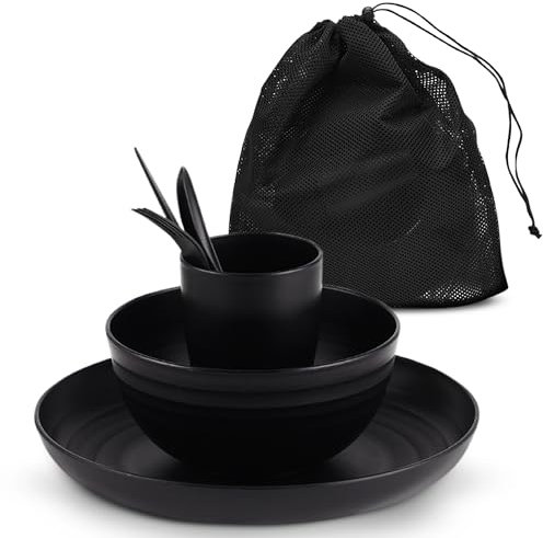 AdvntrPro 5pc Camping Cutlery Set for 1 with Travel Bag - Camping Plates and Bowls Set for 1 with Picnic Plates and Bowls, Reusable Cutlery, Cup and Travel Bag for Outdoor Dining (Black)