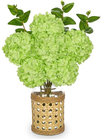 Oairse Kunstblumen Hortensien Kunstblumen mit 6 Hortensien in Glasvase Künstliche Hortensienblüten Künstliche Blumen wie echte Hortensien für Hochzeit, Zuhause, Hotel, Party, Blumenarrangement, Grün