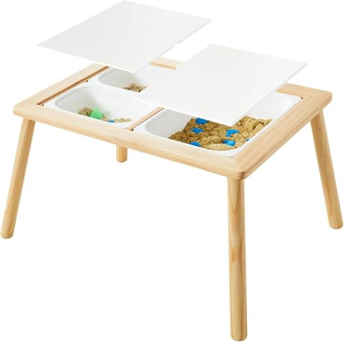 Asweets Kindertisch, Montessori Sensorischer Tisch mit 3 Stauraum und Abnehmbarer Arbeitsplatte, Sensory Table Maltisch, Mehrzweck-Holztisch, Spiel-Sand- und Wassertisch für Kinder ab 3 Jahren