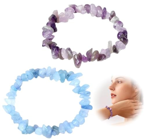 AUEFUDQ 1 Natürlicher Amethyst-Armband Und 1 Natürliches Aquamarin-Kies-Armband, Aquamarin-Kristall, Kristall-Armband, Naturstein-Armband, Amethyst Kristall-Stein-Armband