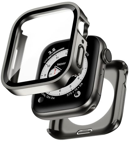 Kawoco 2 in 1 Wasserdichtes Hülle für Apple Watch Series 6/5/4/SE/SE2 44mm mit Eingebaut Kratzfest Gehärtetes Glas Schutzfolie, HD Hochempfindliche Schutzhülle für iwatch 44mm, Titanstahl