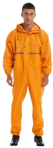 renvena Men Work Overalls Waterproof Reflective Strip Jumpsuit Long Sleeve Hooded Raincoat Zipper Coveralls