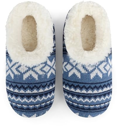 Snoozies Norwegian Knit Womens Slippers Size 9-10, Lightweight and Warm Slippers for Women Sherpa Lining (Blue, Large)