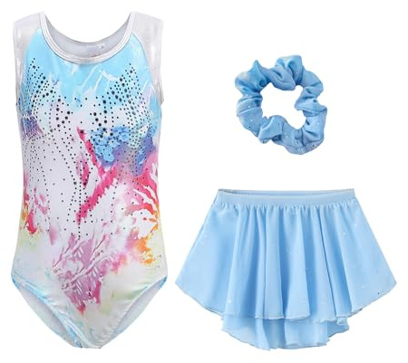 Gymnastikanzug für Mädchen, 3-teilig, ärmellos, glänzend, Strass, Turnanzug, Overall mit abnehmbarem Rock, Tanz-Outfits, blau, 11-12 Years