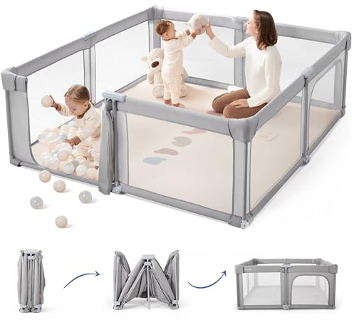 Sweeby Baby Laufstall, Faltbarer Spielhof, Extra Großer Babyzaun für Drinnen & Draußen, Sicherer Laufstall für Babys und Kleinkinder (Dunstgrau, 200 x 180 cm)
